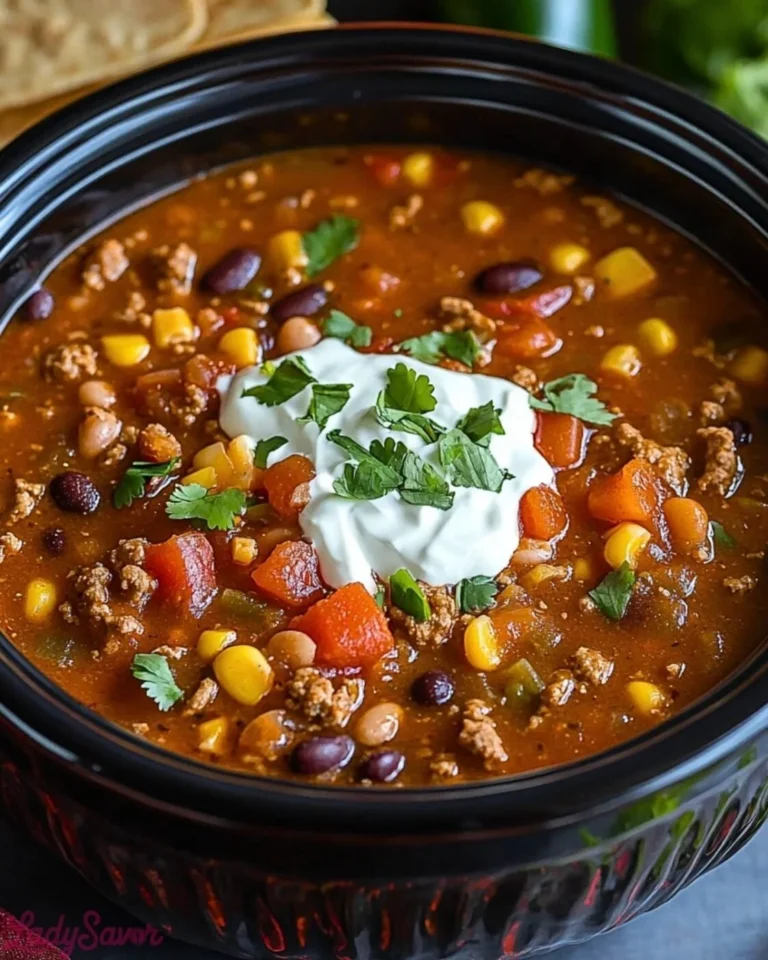 Delicious Crock Pot Taco Soup served in a bowl.