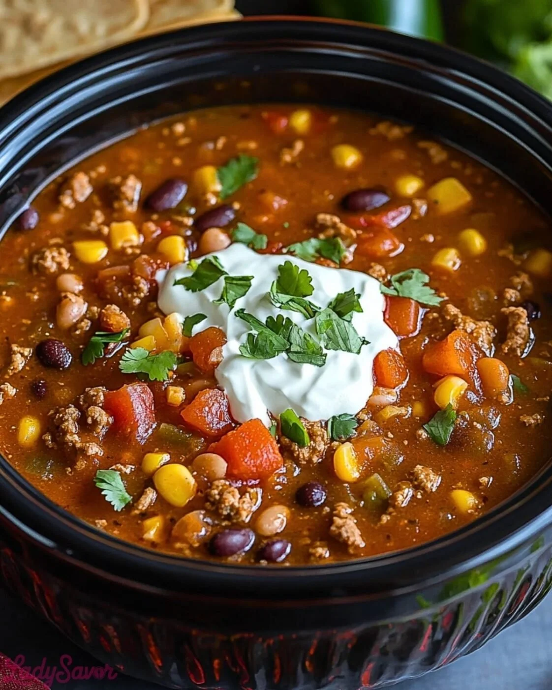 Delicious Crock Pot Taco Soup served in a bowl.