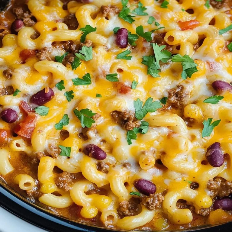 Delicious Crockpot Cheesy Chili Mac Casserole served in a bowl