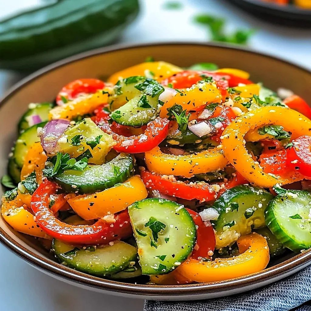 Cucumber and sweet pepper salad in a bowl, garnished with herbs.