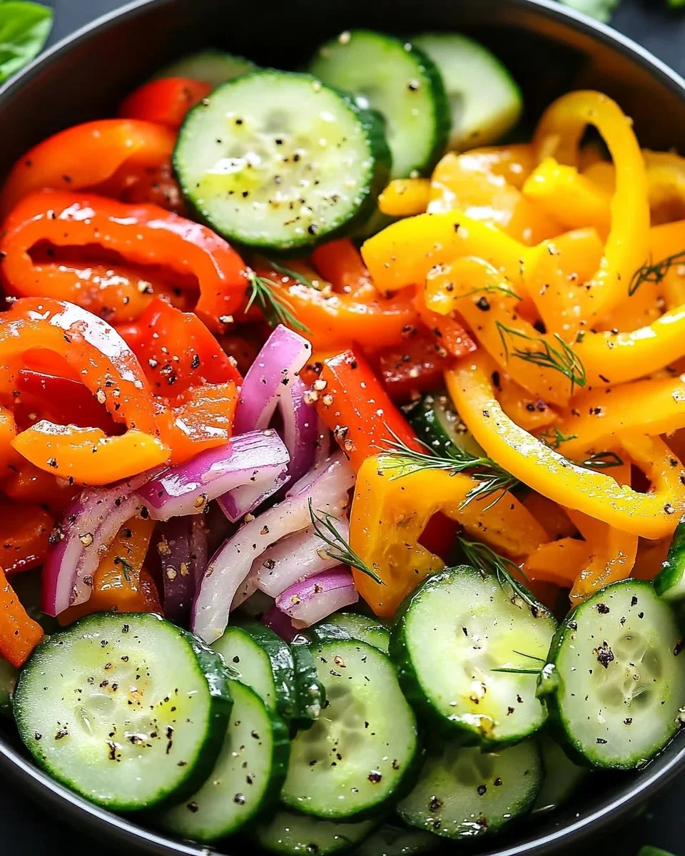 Cucumber Sweet Pepper Salad with vibrant vegetables in a bowl.