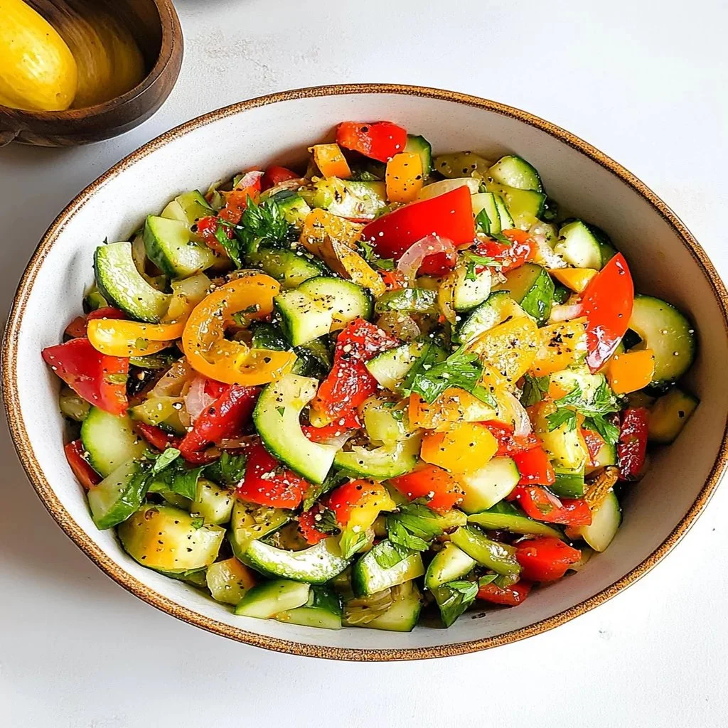 Cucumber and sweet pepper salad in a bowl, garnished with herbs.