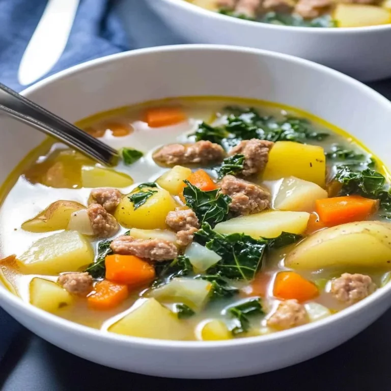 Bowl of homemade sausage, potato, and kale soup topped with herbs