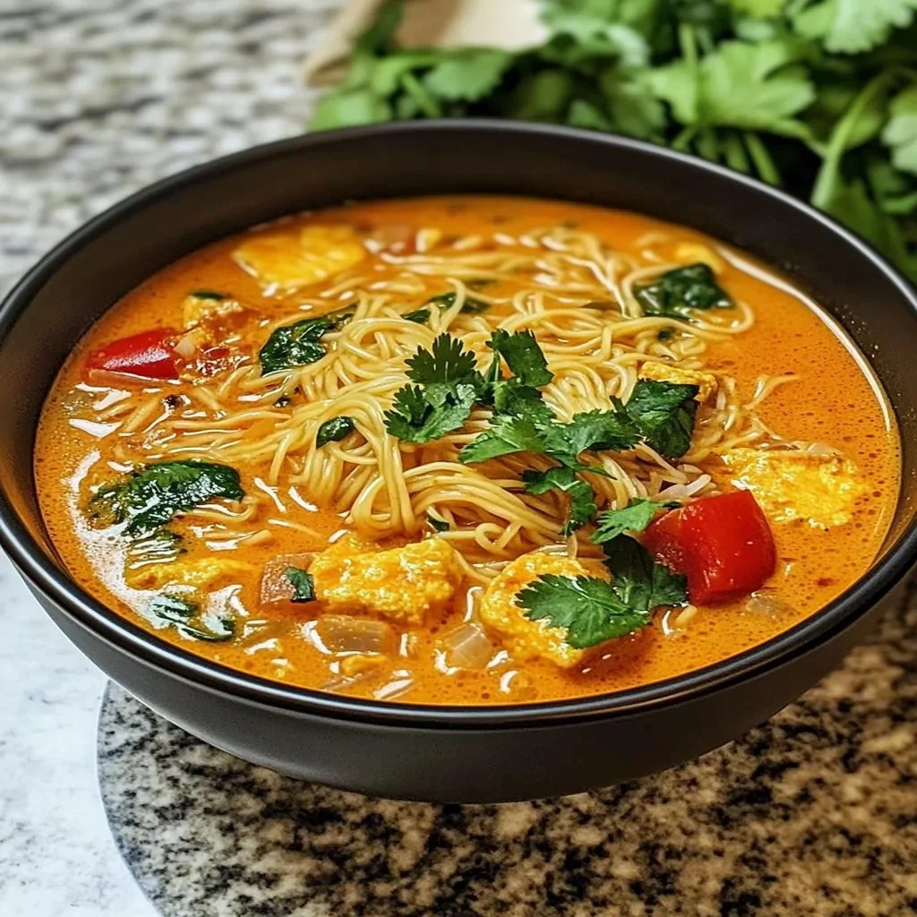 Bowl of flavorful Thai Curry Noodles garnished with fresh herbs