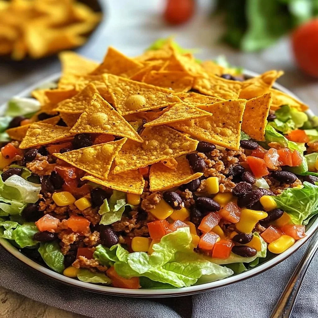 Colorful Doritos Taco Salad with fresh ingredients and crunchy toppings