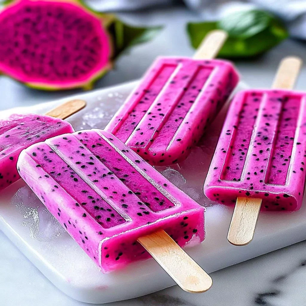 Homemade dragon fruit popsicles on a colorful background