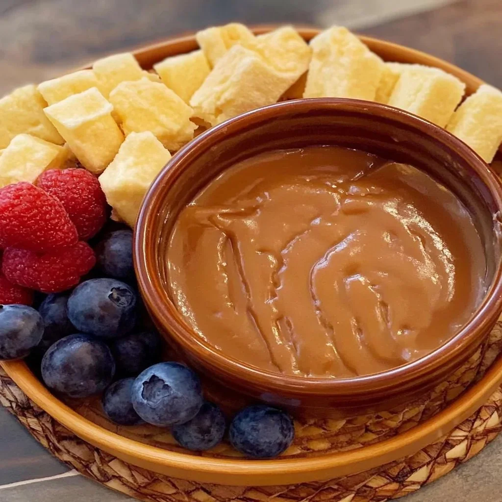 Delicious Dulce de Leche fondue served with fruits and treats.
