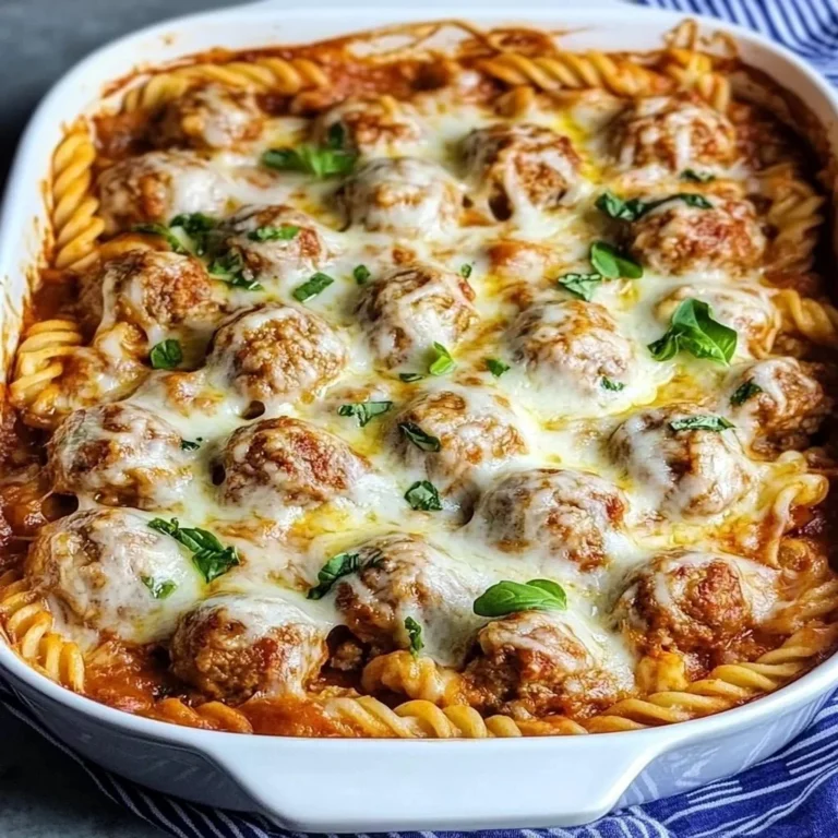 Delicious dump and bake meatball casserole served in a baking dish with cheese and pasta.