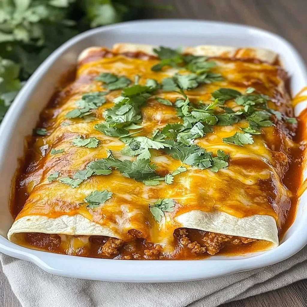 Delicious easy ground beef enchiladas topped with cheese and sauce