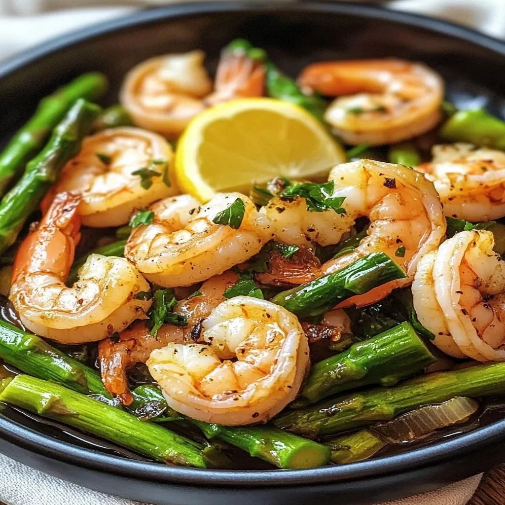 Delicious shrimp stir fry with asparagus ready to serve