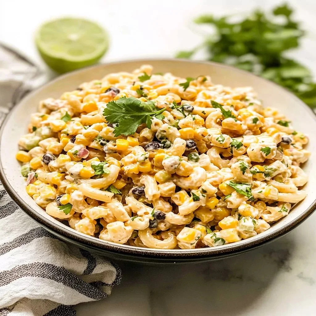 Delicious Easy Mexican Street Corn Pasta Salad in a serving bowl