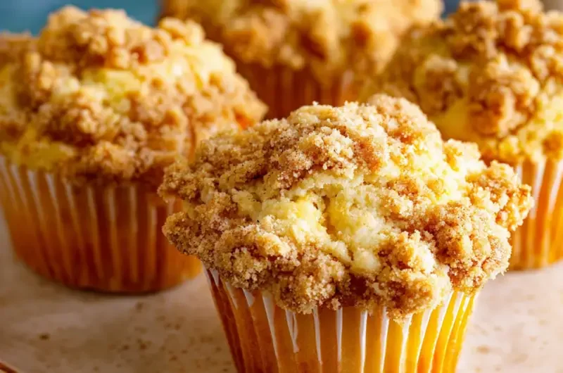Delicious Peach Muffins with crumb topping on a wooden table.