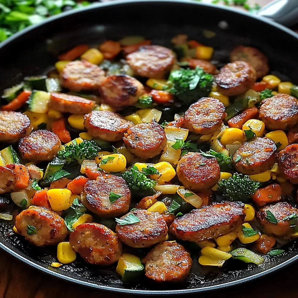 Easy sausage skillet dish with vegetables in a frying pan.
