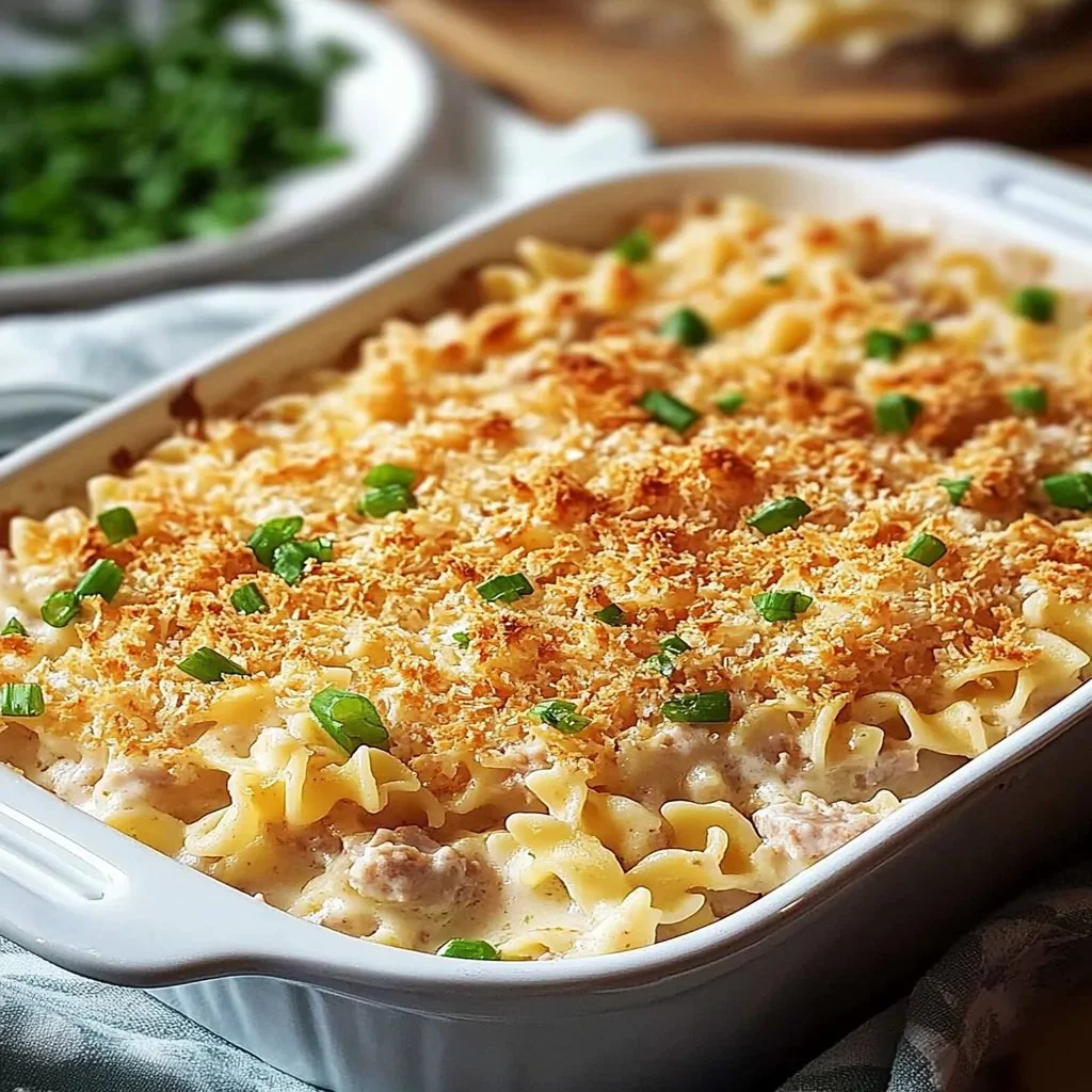 Delicious easy tuna noodle casserole served hot in a baking dish
