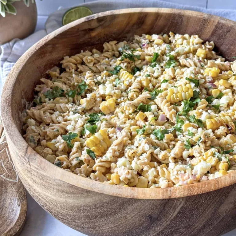 Colorful elote pasta salad with corn, cilantro, and creamy dressing in a bowl.