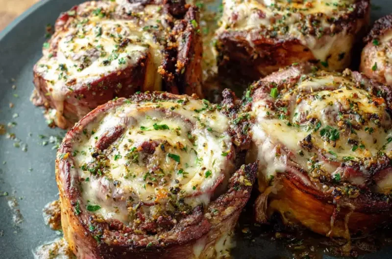 French Onion Steak Pinwheels with melted cheese and herbs on a plate