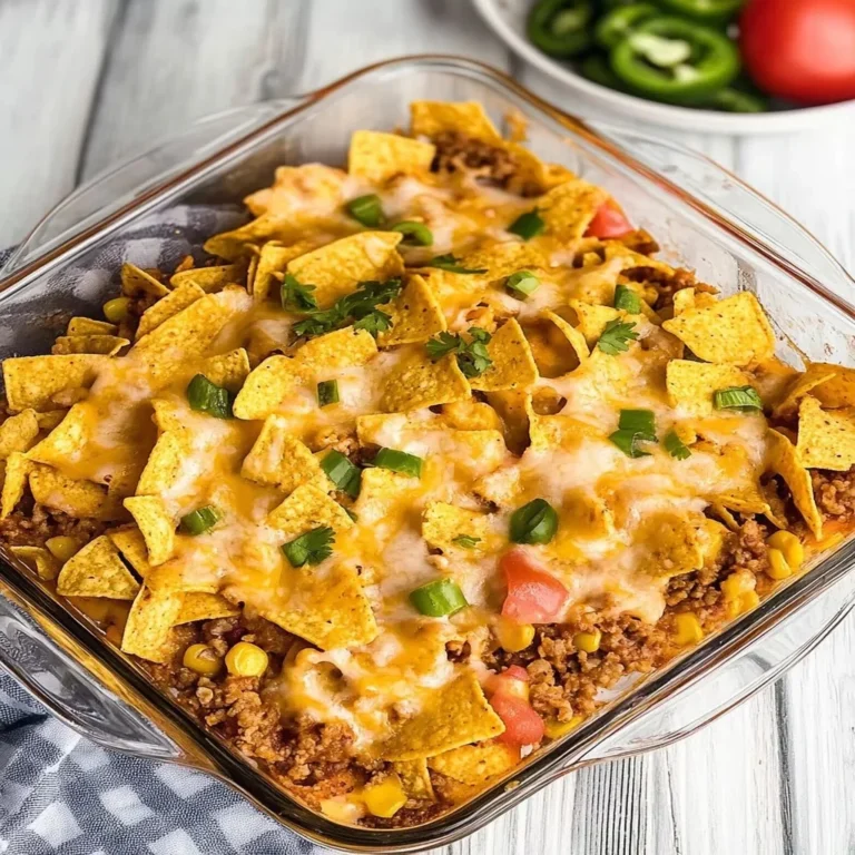 Delicious Frito Pie Casserole topped with cheese and Fritos