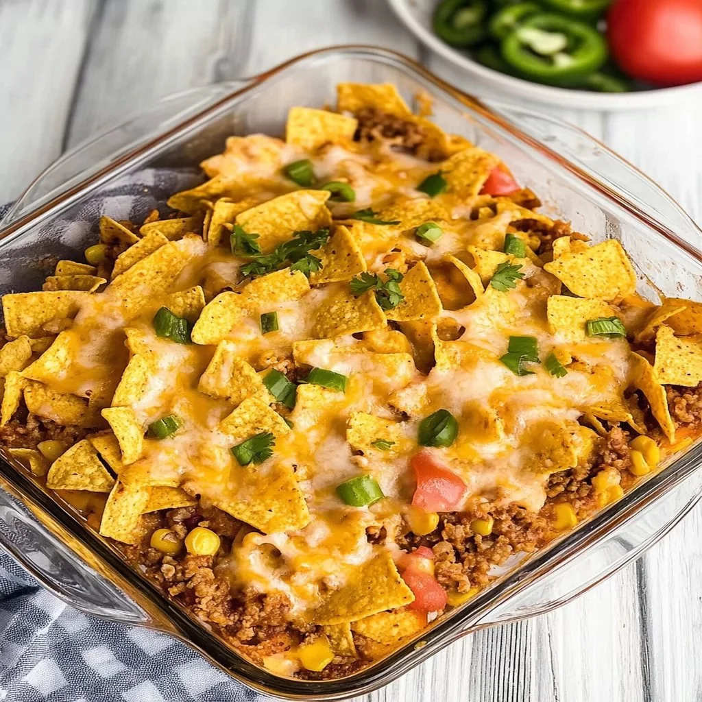 Delicious Frito Pie Casserole topped with cheese and Fritos