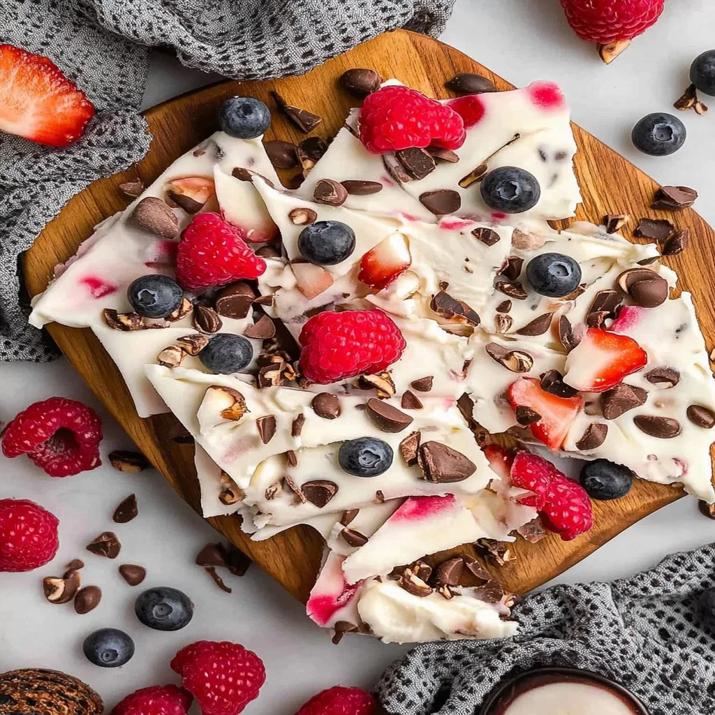 Homemade frozen yogurt bark topped with fruits and nuts