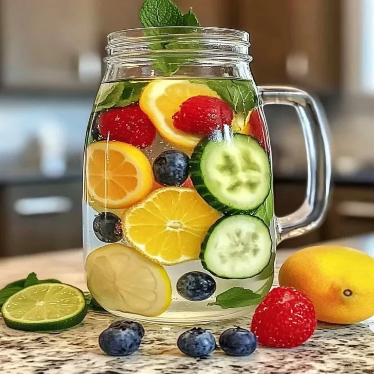 A refreshing glass of fruit-infused water with assorted fruits and herbs.