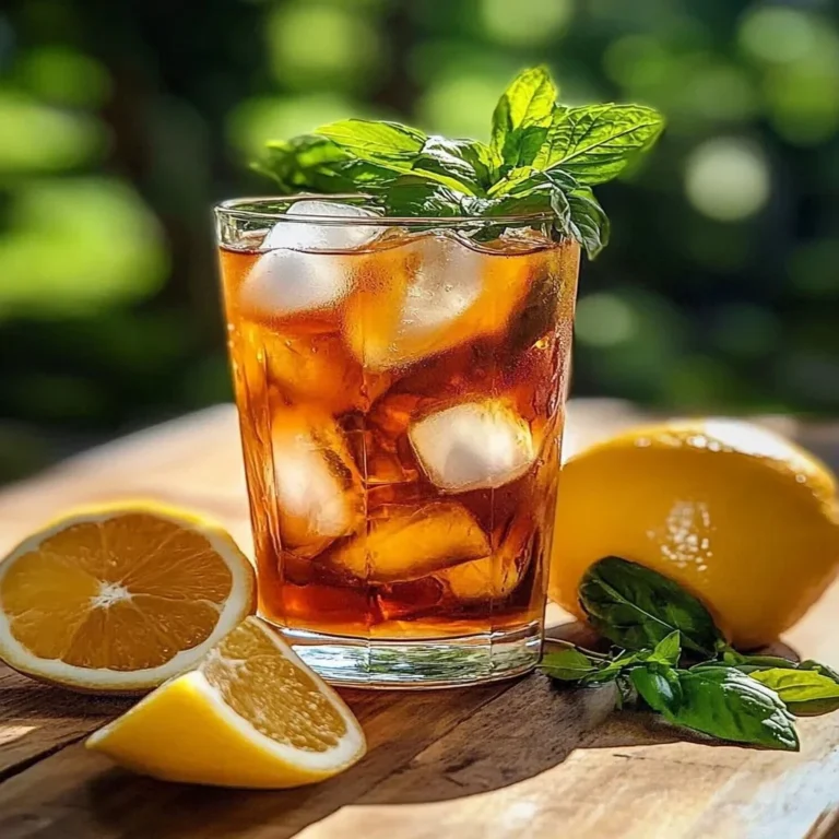 A refreshing glass of fruity iced tea with vibrant fruits and ice cubes.