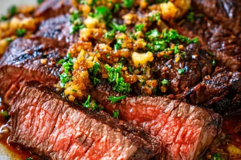 Delicious Garlic Butter Brazilian Steak garnished with herbs.