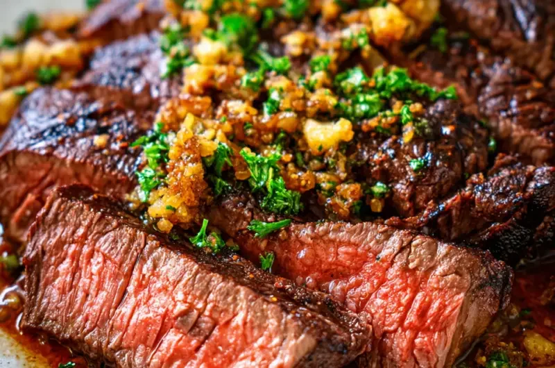 Delicious Garlic Butter Brazilian Steak garnished with herbs.