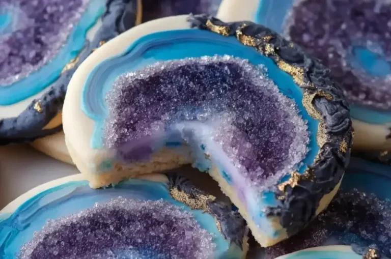 Colorful geode sugar cookies with a crystalline design for unique dessert appeal.