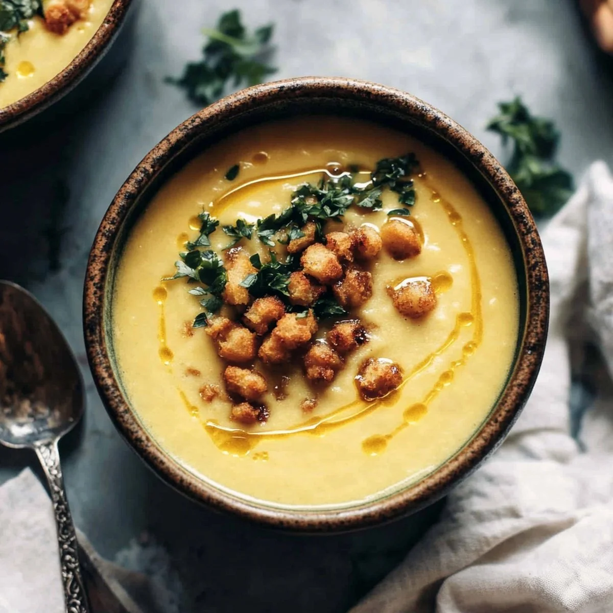 A bowl of golden soup garnished with fresh herbs and spices.