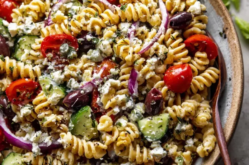 Greek Olive Pasta Salad with fresh olives, pasta, and vegetables