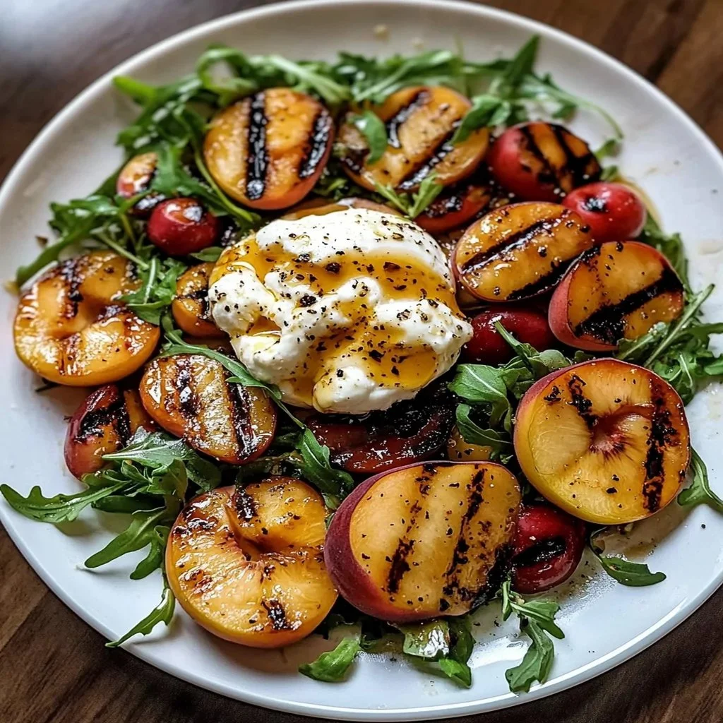 Delicious Grilled Peach Burrata Salad with peaches, burrata cheese, and greens