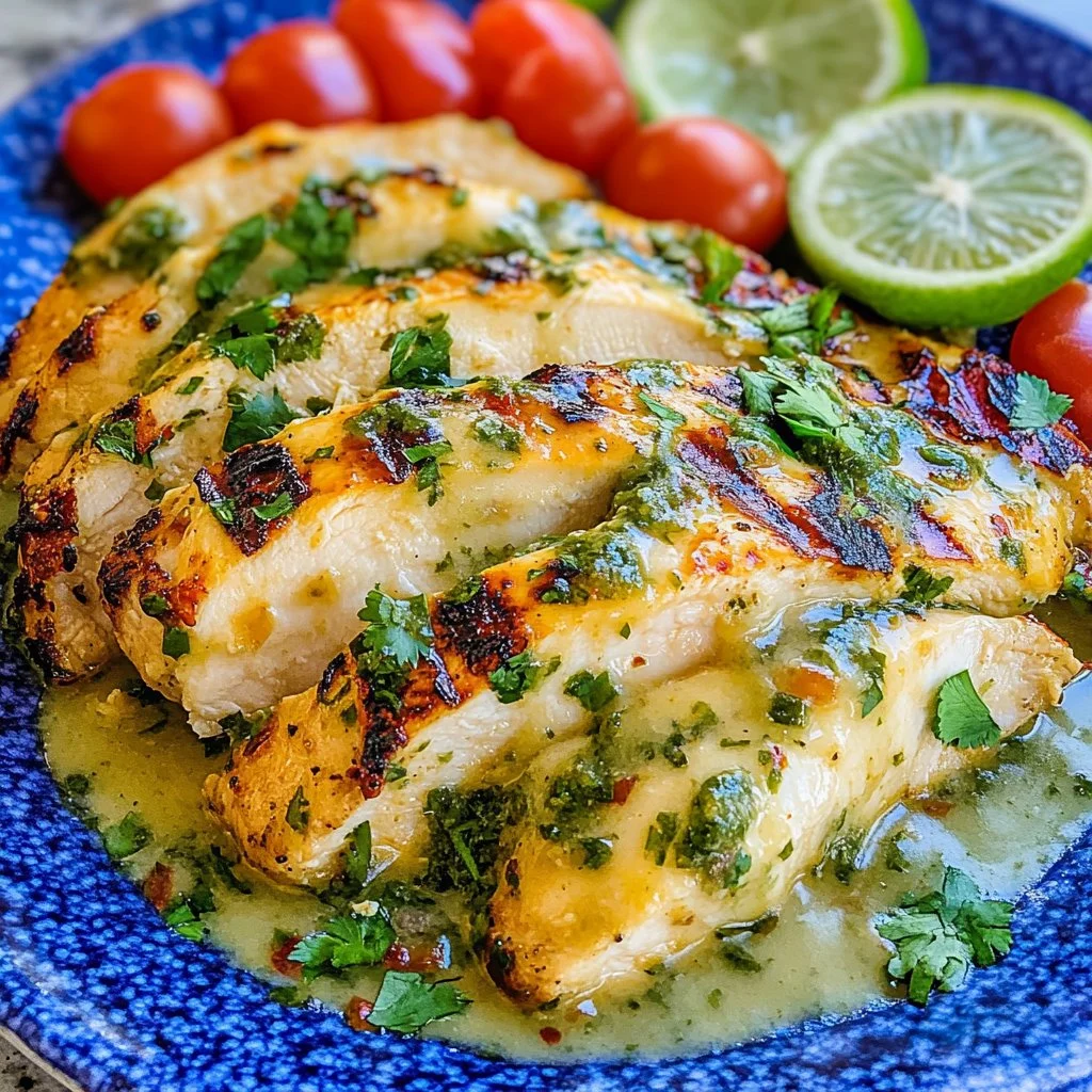 Grilled salsa verde chicken with melted pepper jack cheese on a plate
