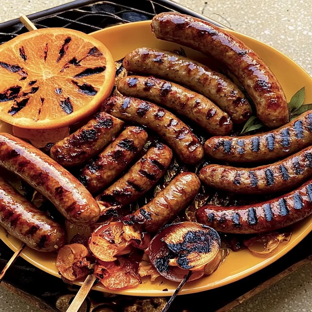 Delicious grilled sausages on a barbecue grill, ready to be served.