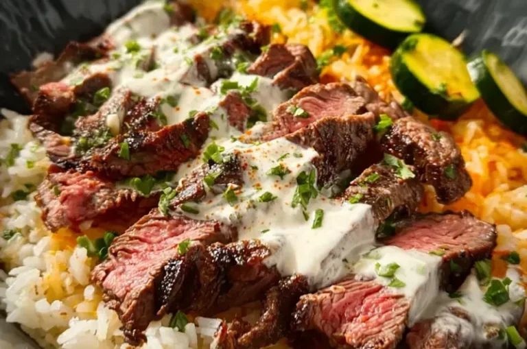 Grilled Steak Bowl with creamy sauce and zucchini garnished in a bowl