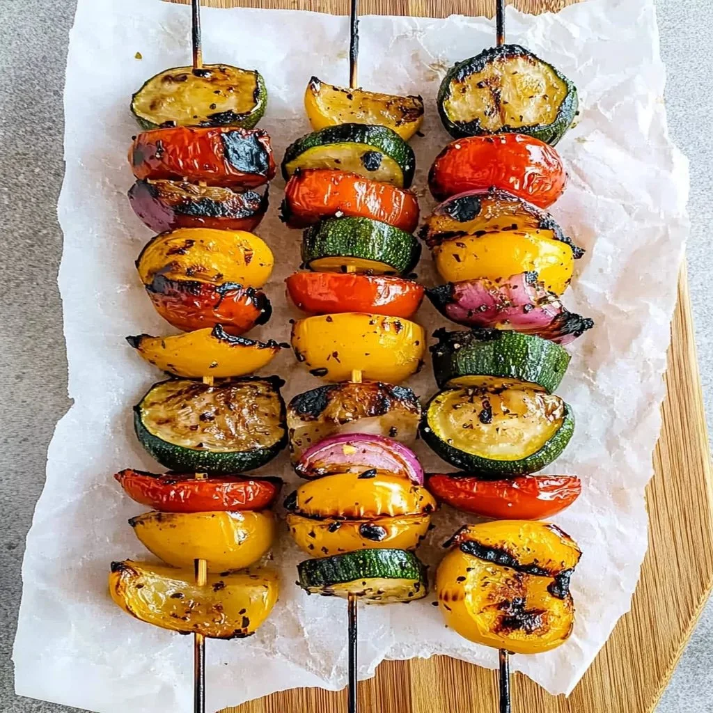 Colorful grilled veggie skewers with a variety of vegetables on a skewer