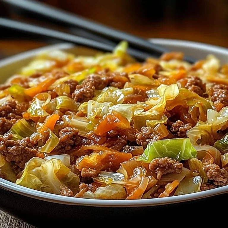 Delicious dish of ground beef and chopped cabbage in a skillet.