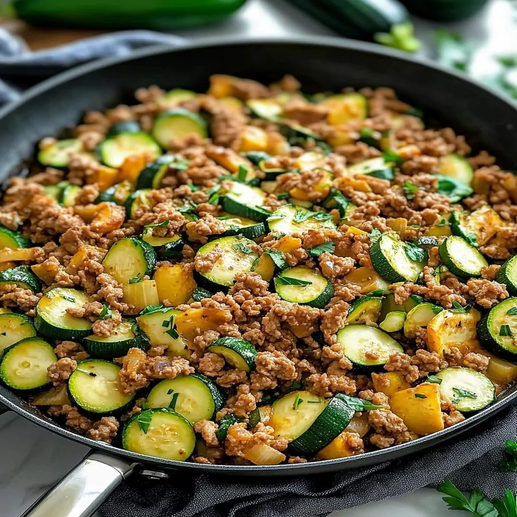 Ground turkey and zucchini skillet dish for a healthy dinner option.