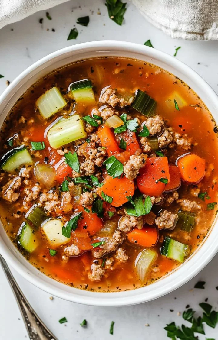 Delicious homemade ground turkey soup served in a bowl with fresh herbs.