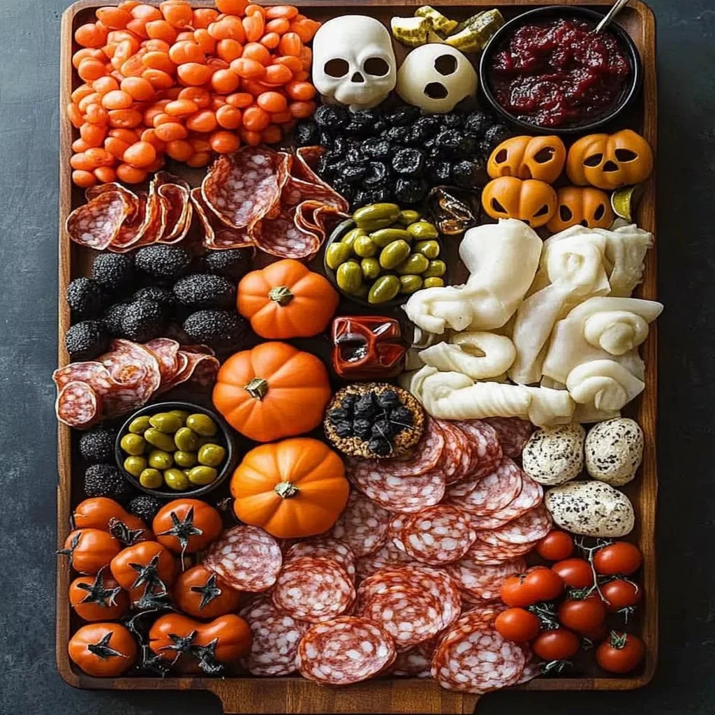 Halloween charcuterie board featuring spooky treats and festive designs