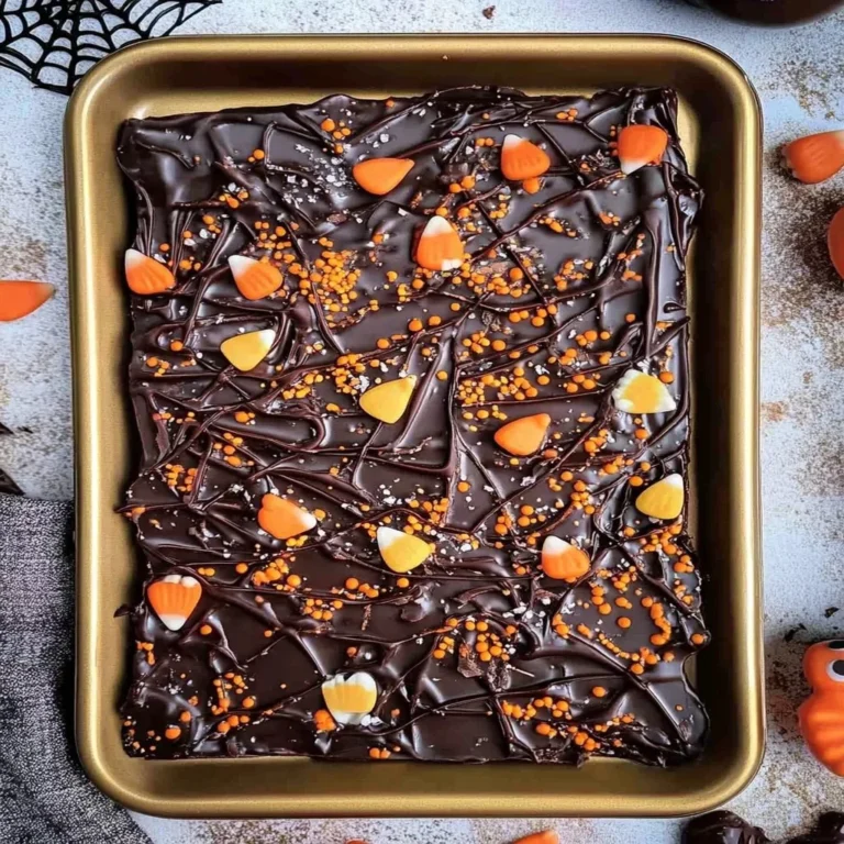Halloween Chocolate Bark decorated with spooky candies and festive colors