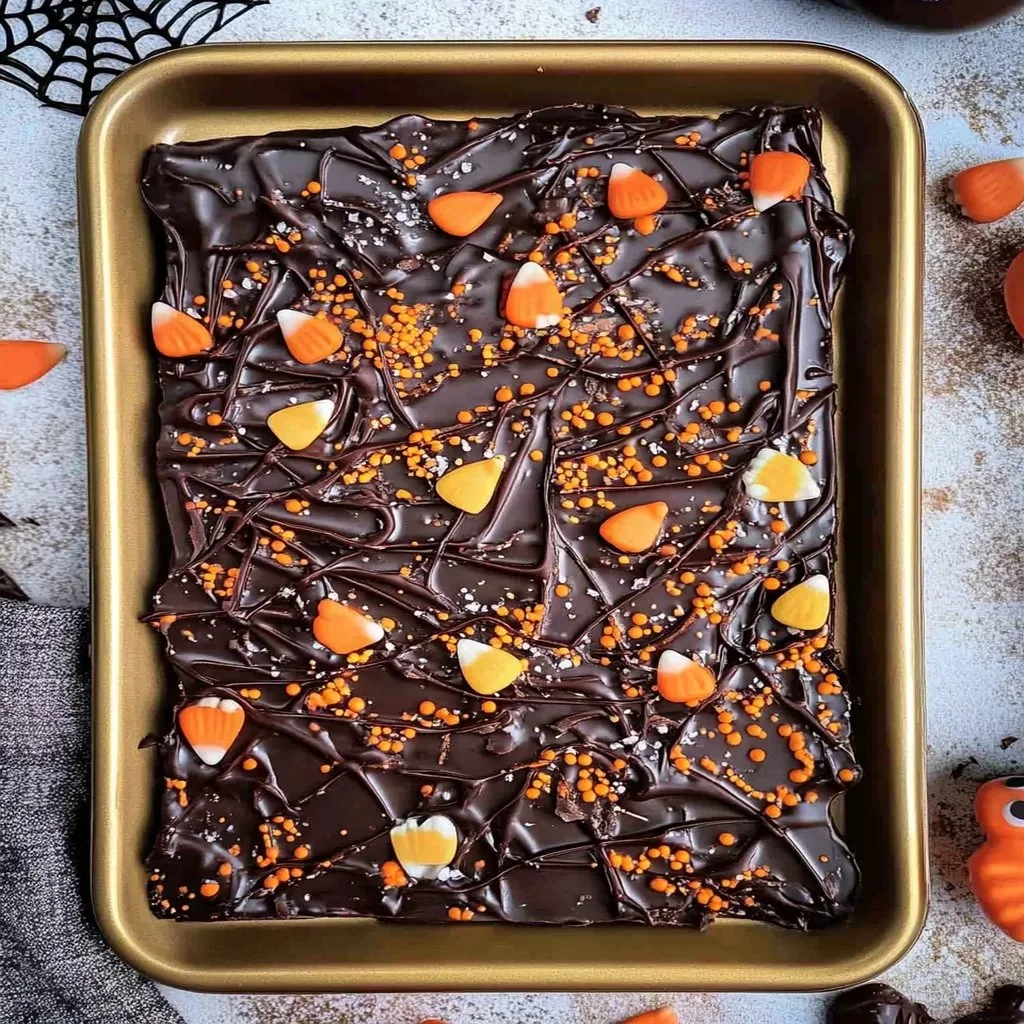 Halloween Chocolate Bark decorated with spooky candies and festive colors