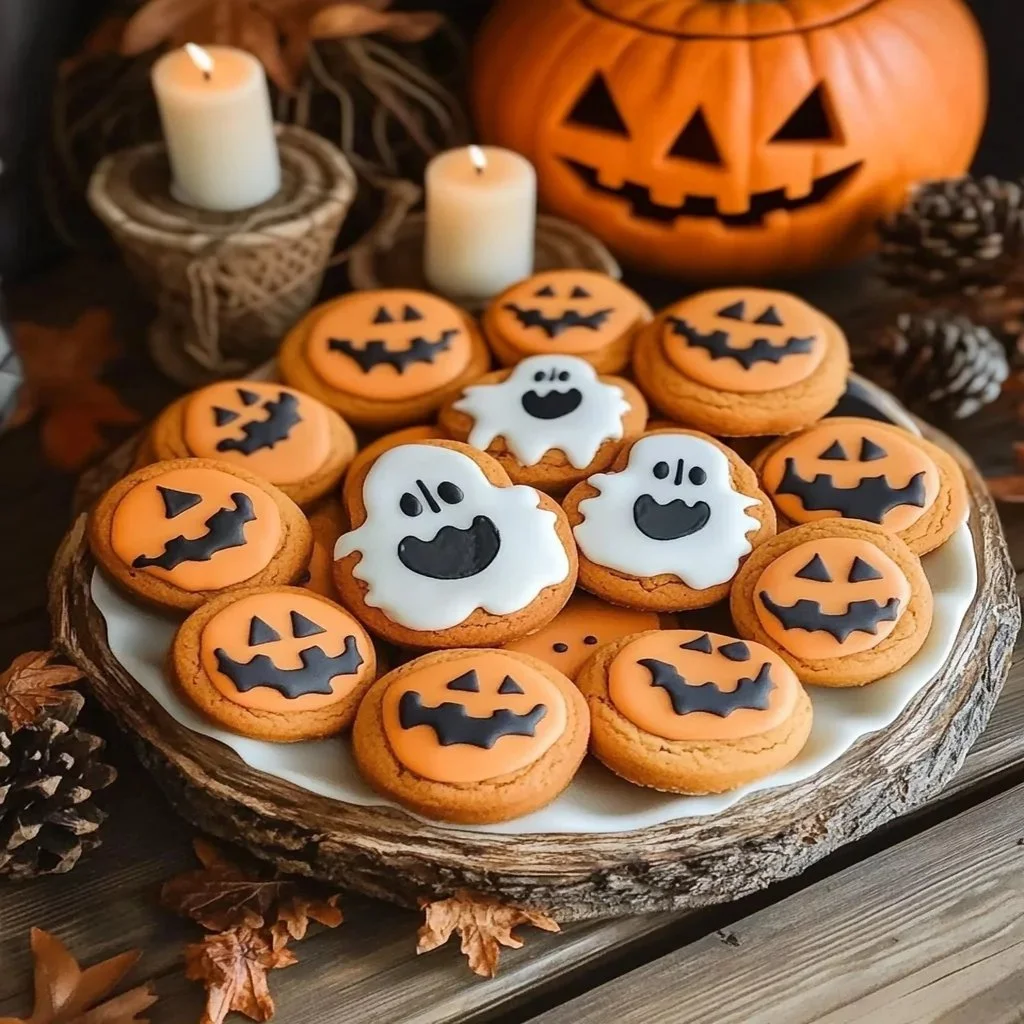 A spooky assortment of Halloween cookies shaped like ghosts, pumpkins, and bats