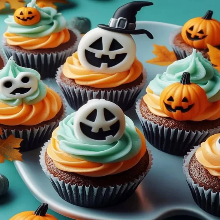 Colorful Halloween cupcakes decorated with spooky designs and festive toppings.