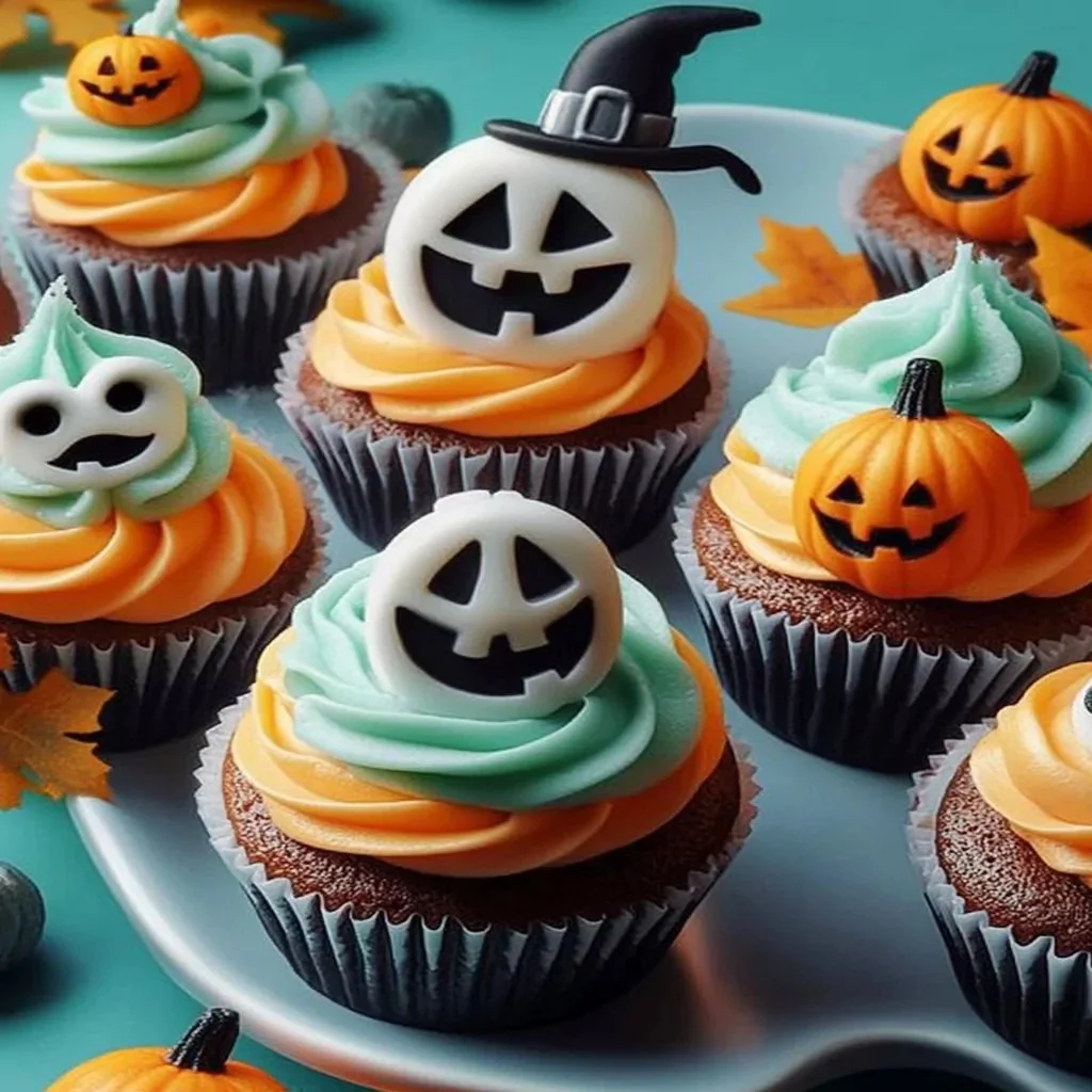 Colorful Halloween cupcakes decorated with spooky designs and festive toppings.