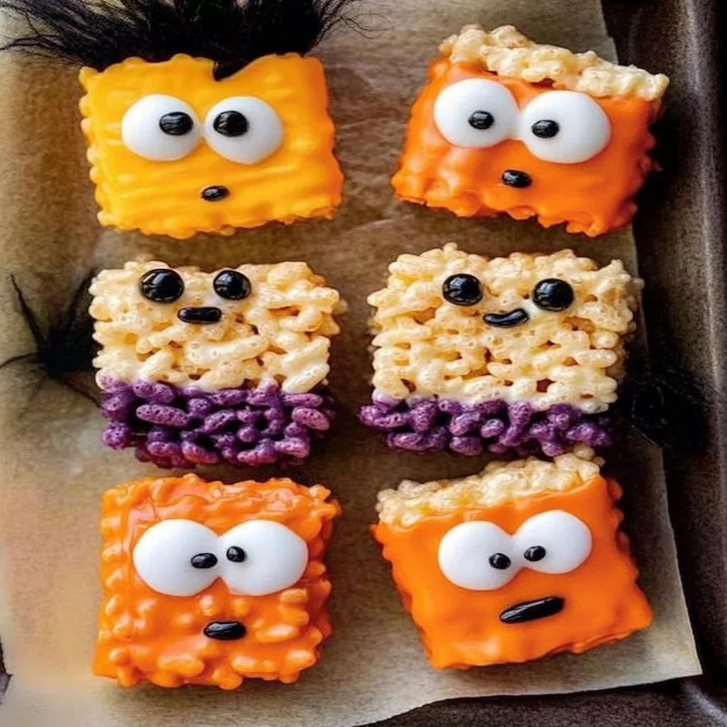 Colorful Halloween Rice Krispies treats shaped like ghosts and pumpkins