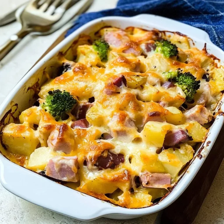 Delicious Ham and Potato Casserole with melted cheese and herbs