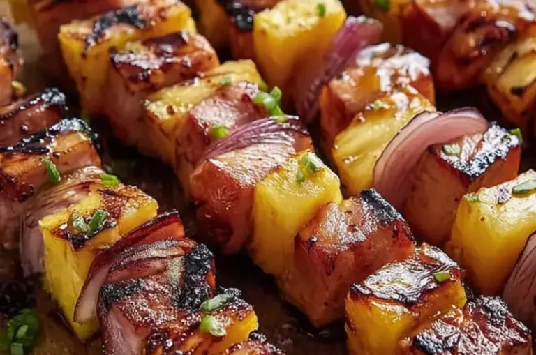 Hawaiian ham and pineapple skewers on a wooden platter, garnished with parsley.
