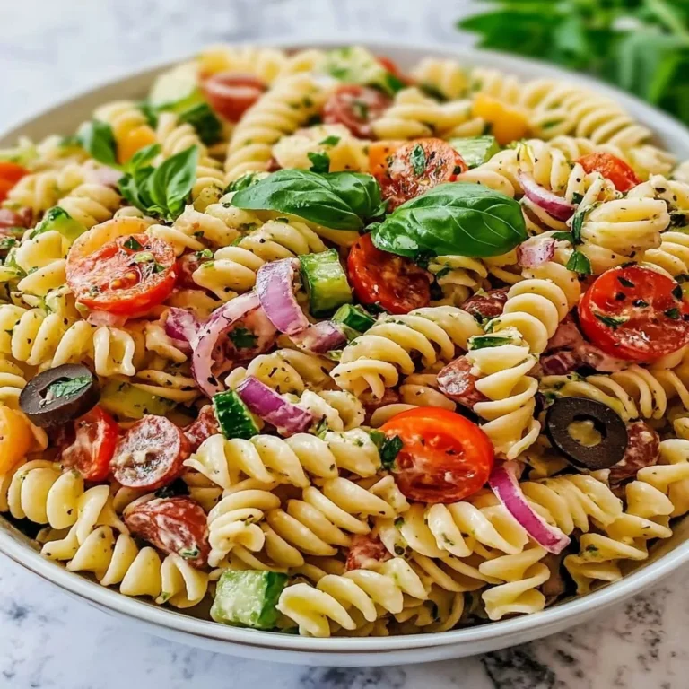 High-protein Italian pasta salad with vegetables and dressing in a bowl