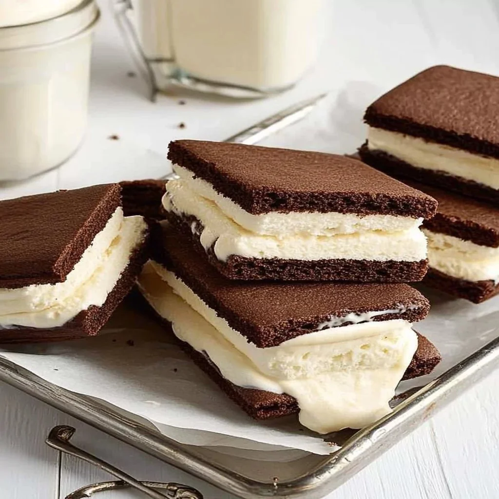 Homemade ice cream sandwiches with chocolate cookies and vanilla ice cream