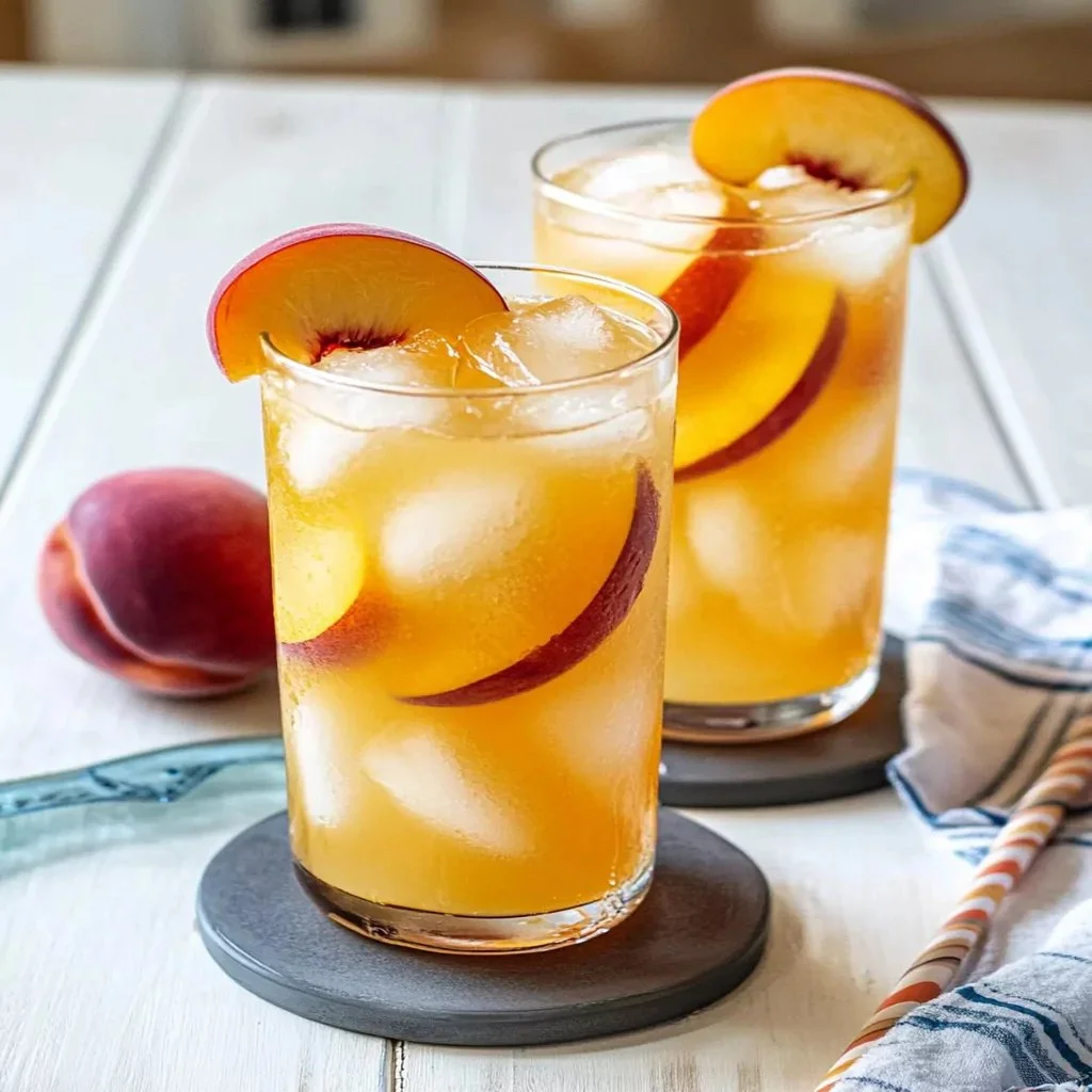 A refreshing glass of homemade peach lemonade garnished with fresh peach slices.
